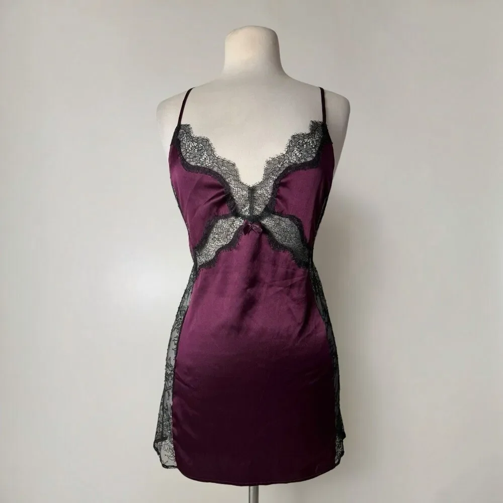 Victoria's Secret Burgundy Satin Lace Slip Dress Open Back Y2K Coquette Small